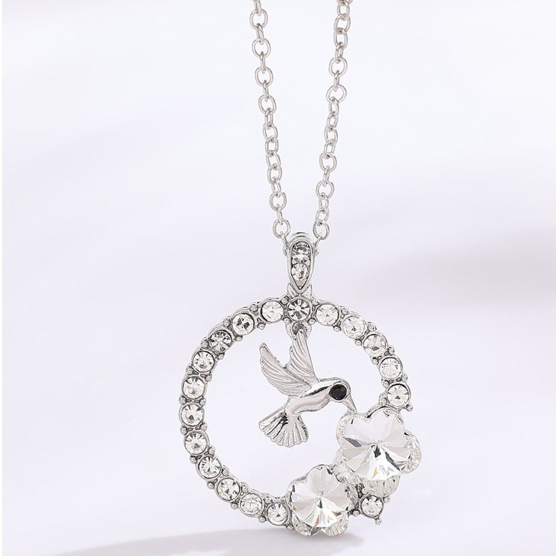 Women's Round Hummingbird Flower Pendant Necklace