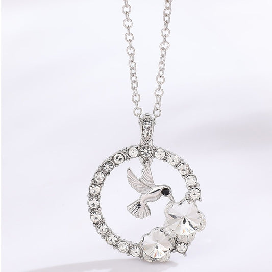 Women's Round Hummingbird Flower Pendant Necklace