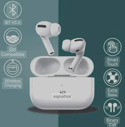 Signatize NEO TWS Earbuds with Bluetooth 5.0, Smart Touch Controls, Extra Bass, Wireless Charging, Siri Support & HD Calling (White)