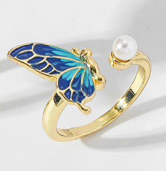 Fashionable High-end Adjustable Butterfly Pearl Ring