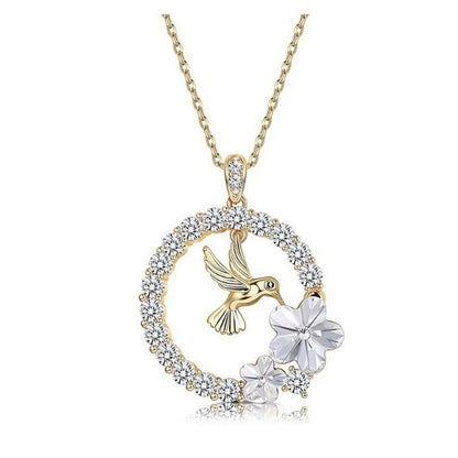 Women's Round Hummingbird Flower Pendant Necklace
