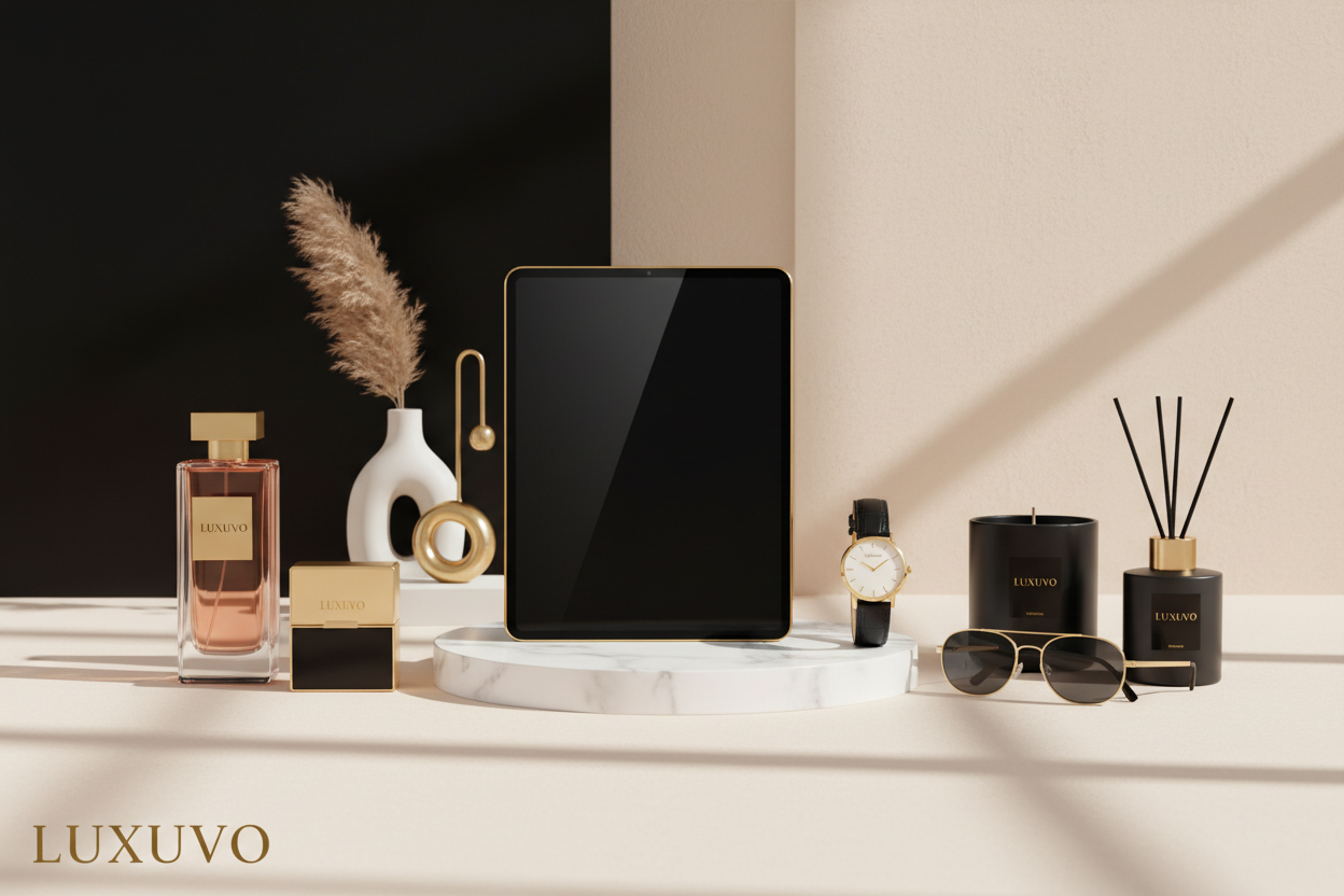 create a image for my hero banner which looks soo proffessional and luxury premium and show all types of products like elctronic , lefefstle and beaytu , home essentials , home decor , and all products have my logo label i want the best one imagae 