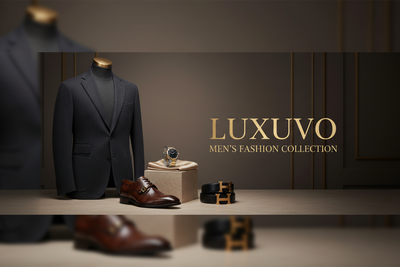 Generate a luxury Shopify collection banner for Men’s Fashion. Include stylish men’s clothing, shoes, and accessories. The design should be modern, premium, and visually appealing, with a dark, gold, and beige color palette. Add elegant lighting, subtle shadows, and a sophisticated layout. Include the brand name ‘Luxuvo’ subtly on the image in a premium style. Make it full-width, responsive, and high-resolution, ready to use as a Shopify collection header