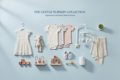 Generate a premium Shopify collection banner for Kids & Baby Products. Display luxury baby and kids’ clothing, toys, and accessories on a soft pastel blue background. Use soft, professional lighting, subtle shadows, and a sophisticated catalog-style layout. Make it full-width, responsive, high-resolution, suitable for a luxury online store.