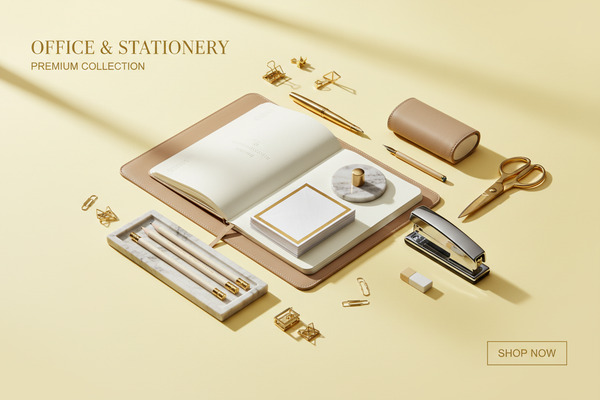 Generate a premium Shopify collection banner for Office & Stationery. Display luxury office supplies, stationery, and desk accessories on a soft pastel yellow background. Use soft, professional lighting, subtle shadows, and a sophisticated catalog-style layout. Make it full-width, responsive, high-resolution, suitable for a luxury online store.