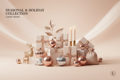 Generate a premium Shopify collection banner for Seasonal & Holiday. Display luxury seasonal and holiday products on a soft pastel peach background. Use soft, professional lighting, subtle shadows, and a sophisticated catalog-style layout. Make it full-width, responsive, high-resolution, suitable for a luxury online store."