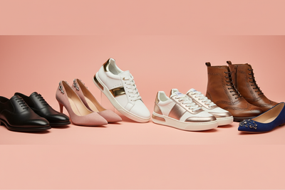 Generate a premium Shopify collection banner for Shoes & Footwear. Display luxury men’s and women’s shoes, sneakers, and formal footwear on a soft pastel coral background. Use soft, professional lighting, subtle shadows, and a sophisticated catalog-style layout. Make it full-width, responsive, high-resolution, suitable for a luxury online store."