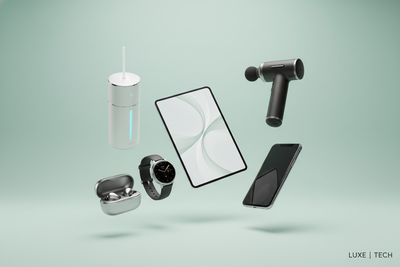 Generate a premium Shopify collection banner for Tech & Electronics. Display luxury tech gadgets, electronics, and smart devices on a soft pastel mint green background. Use soft, professional lighting, subtle shadows, and a sophisticated catalog-style layout. Make it full-width, responsive, high-resolution, suitable for a luxury online store.