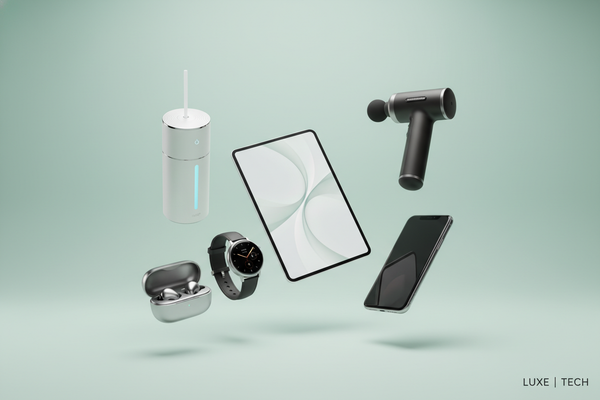 Generate a premium Shopify collection banner for Tech & Electronics. Display luxury tech gadgets, electronics, and smart devices on a soft pastel mint green background. Use soft, professional lighting, subtle shadows, and a sophisticated catalog-style layout. Make it full-width, responsive, high-resolution, suitable for a luxury online store.