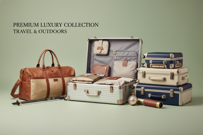 Generate a premium Shopify collection banner for Travel & Outdoors. Display luxury travel bags, luggage, and outdoor gear on a light pastel green background. Use soft, professional lighting, subtle shadows, and a sophisticated catalog-style layout. Make it full-width, responsive, high-resolution, suitable for a luxury online store